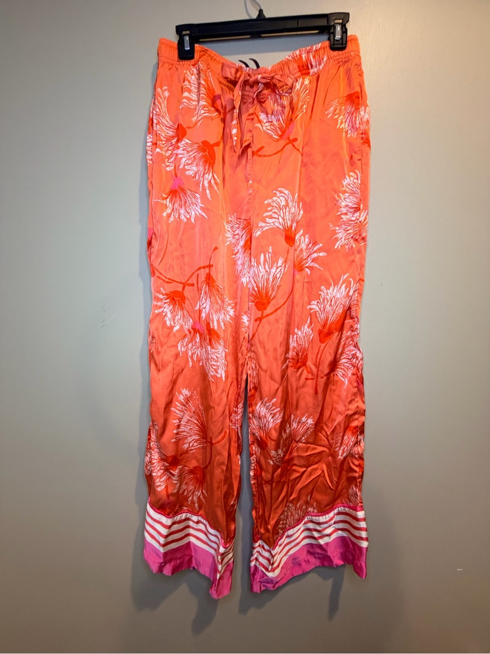 Anthropologie Coral and Pink Floral Wide-Leg Drawstring Pajama Pants